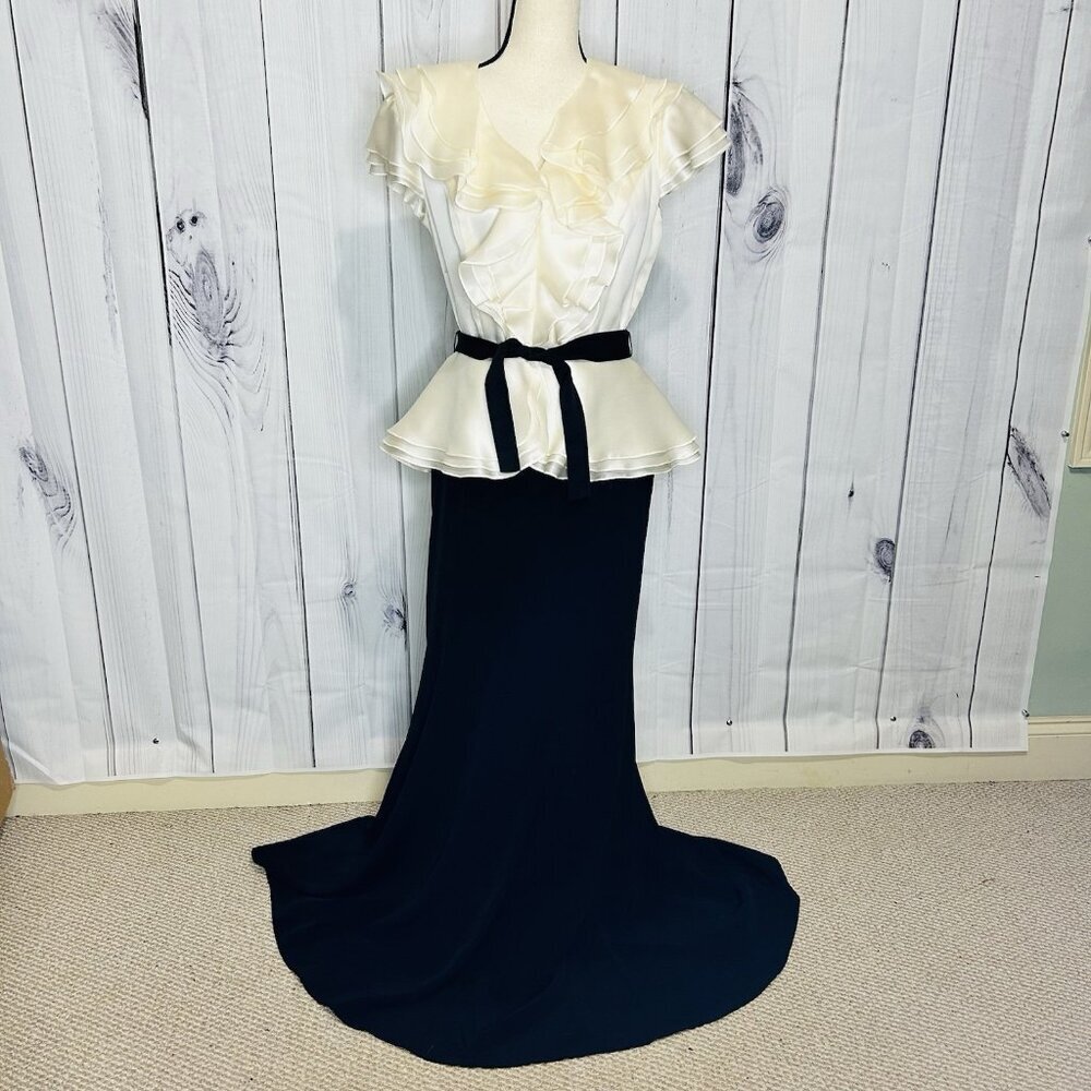 Vintage Wayne Clark Cap Sleeve Silk Dress Ruffle Neck Maxi Skirt Belted Sz 10